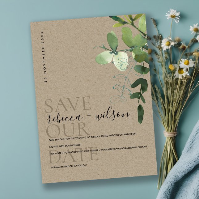 SAVE THE DATE ELÉGANT KRAFT VERT EUCALYPTUS FOLIOR D'EAU (Créateur téléchargé)