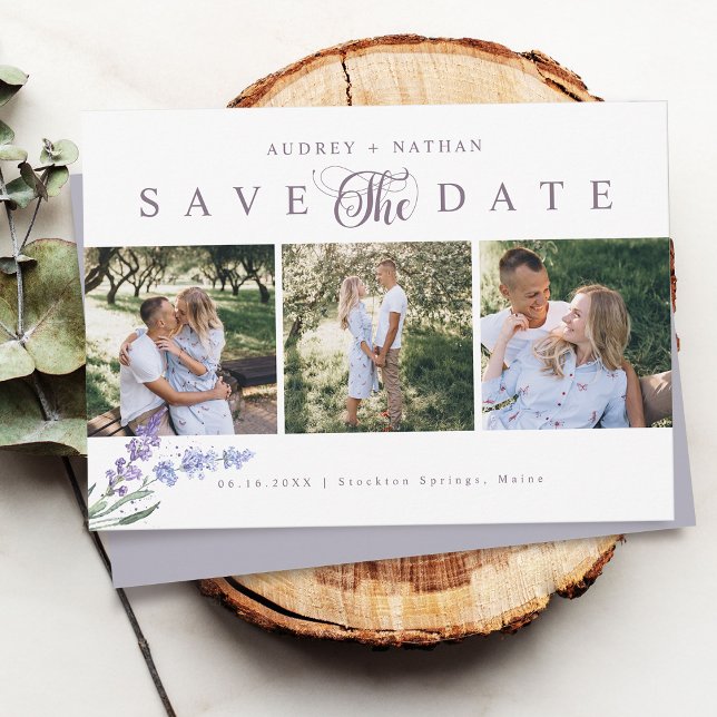 Save The Date Élégant Lavande 3 Photo (Elegant Lavender 3 Photo Save The Date Card)