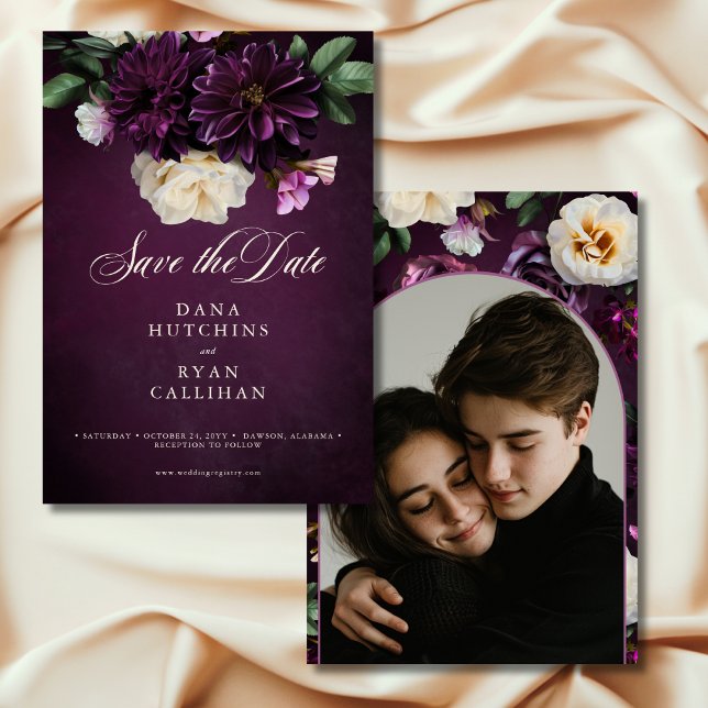Save The Date Élégant Lavande et Mariage de script floral bordea (Elegant Lavender & Burgundy Floral Script Wedding Photo Save the Date)
