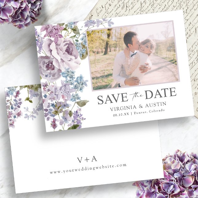 Save The Date Elegant Lilac Mariage Photo (Elegant Lilac Wedding Photo Save The Date Monogram on Back by Painted Paperie
)
