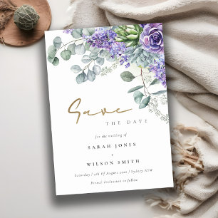 Save The Date Élégant Lilac Succulent Eucalyptus Botanique Bunch