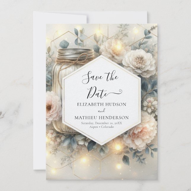 Save The Date Élégant lumière Mason Jar Mariage (Devant)