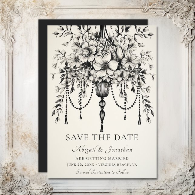 Save The Date Élégant lustre floral Mariage noir et blanc (Elegant Floral Chandelier Black and White Wedding Save The Date)