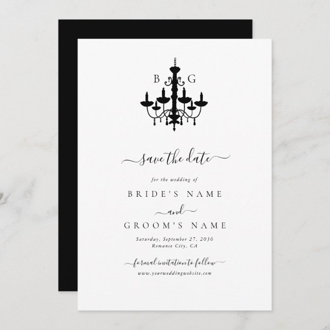 Save The Date Élégant lustre noir blanc Mariage (Devant / Derrière)