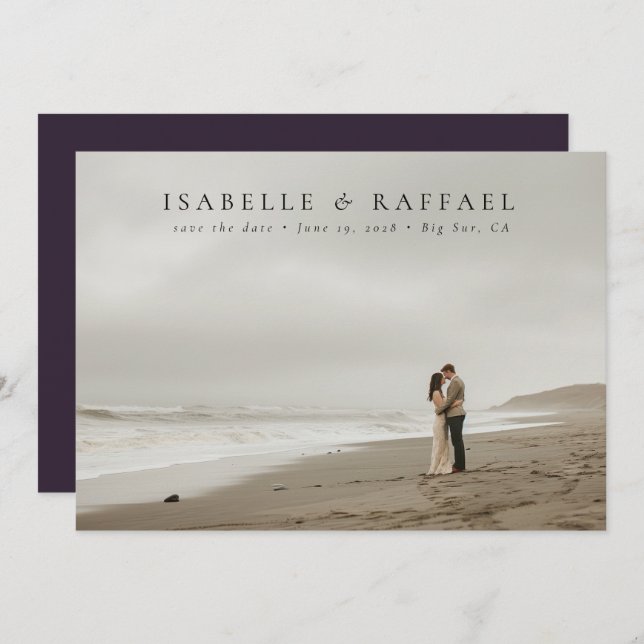 Save The Date Élégant Luxueux Photo Formelle Mariage foncé viole (Devant / Derrière)
