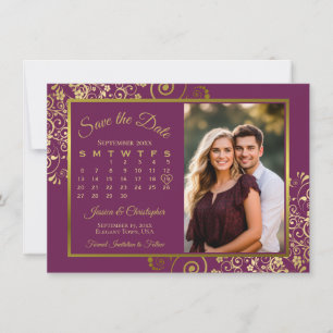 Save The Date Élégant Magenta Plum & Gold Calendar Mariage photo