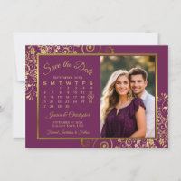 Élégant Magenta Plum & Gold Calendar Mariage photo