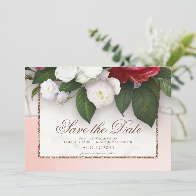 Save The Date Elégant Marbre Luxe Or Floral Mariage (Debout devant)