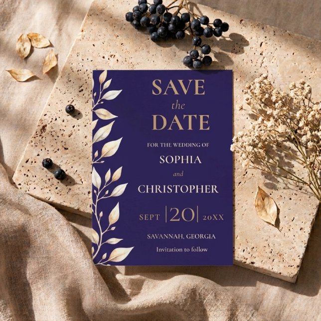 Save The Date Élégant mariage à bordure botanique Navy (Créateur téléchargé)