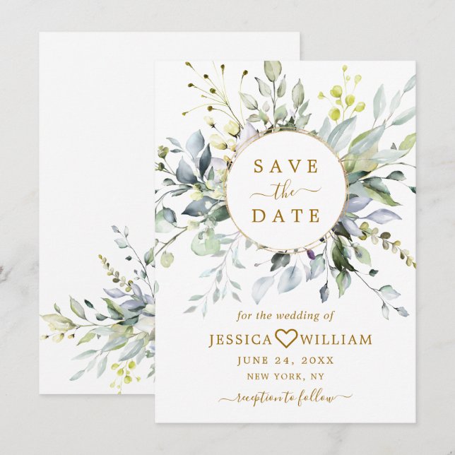 Save The Date Élégant mariage à la gouache de verdure d'eucalypt (Devant / Derrière)