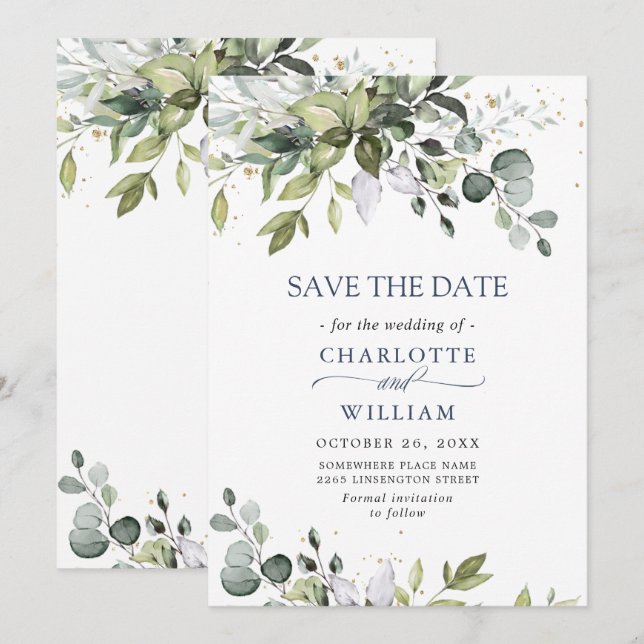 Save The Date Élégant mariage à l'aquarelle d'eucalyptus verdoya (Devant / Derrière)