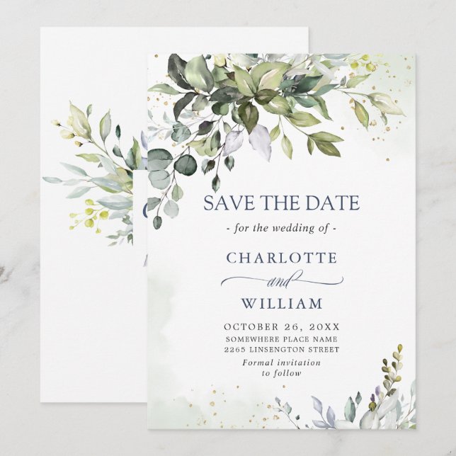 Save The Date Élégant mariage à l'aquarelle eucalyptus verdure (Devant / Derrière)