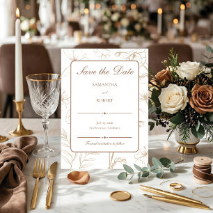 Save The Date Élégant mariage à l'art linéaire floral mocha