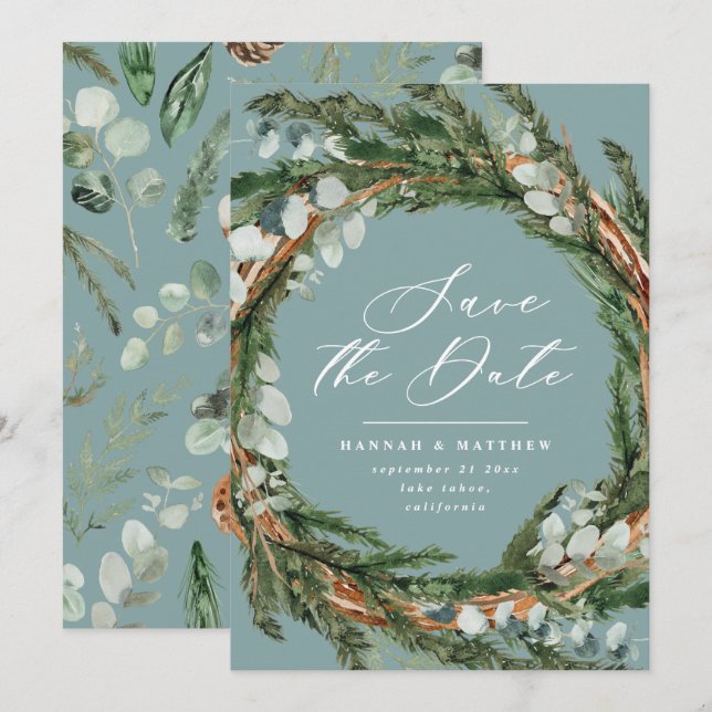 Save The Date Élégant mariage à l'écriture moderne eucalyptus (Devant / Derrière)