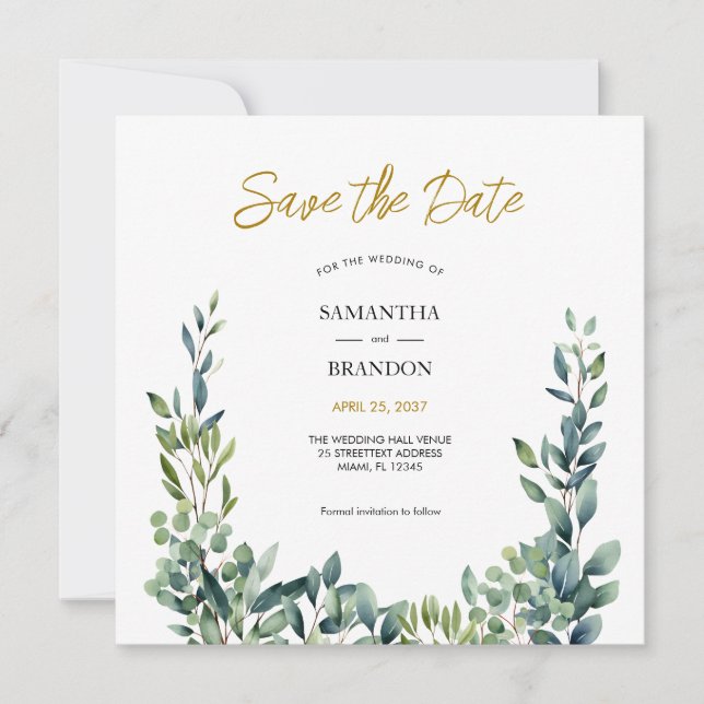 Save The Date Élégant mariage aquarelle botanique verdure (Devant)