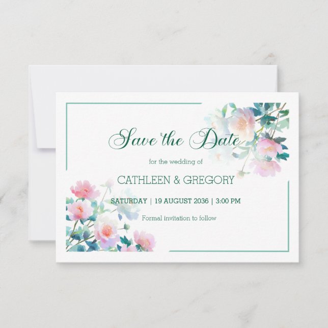 Save The Date Élégant mariage aquarelle rose et vert (Devant)