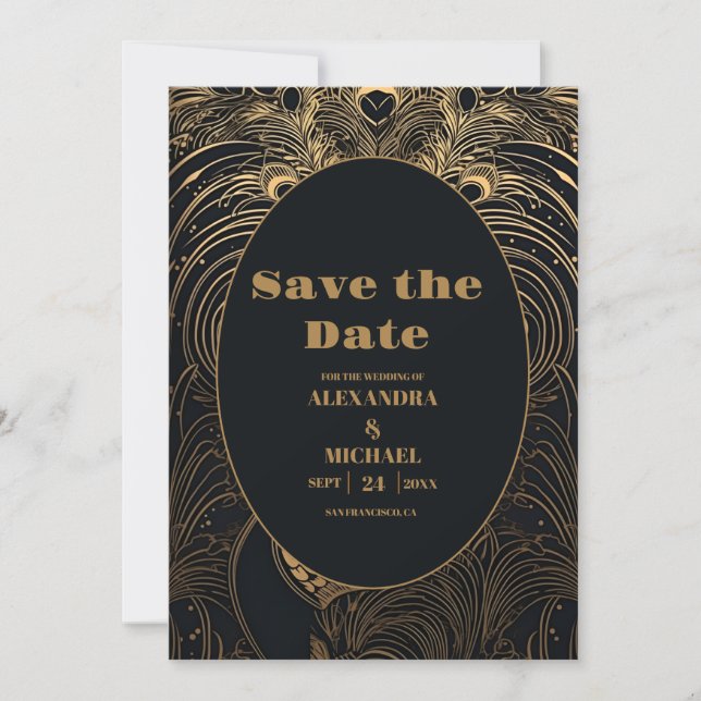 Save The Date Elégant Mariage Art Déco Peacocks (Devant)