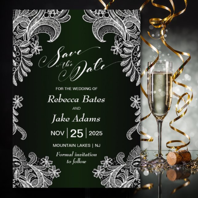 Save The Date Élégant Mariage blanc dentelle verte (Créateur téléchargé)