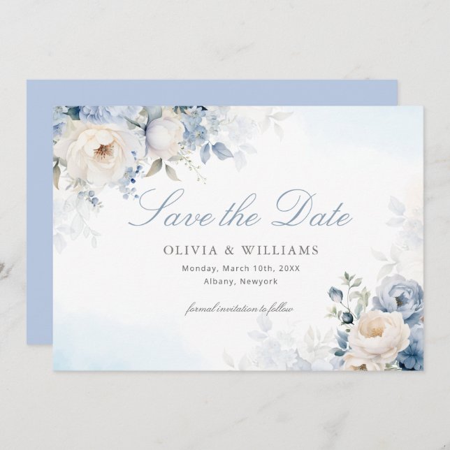 Save The Date Elégant Mariage bleu bleu bleu bleu floral (Devant / Derrière)