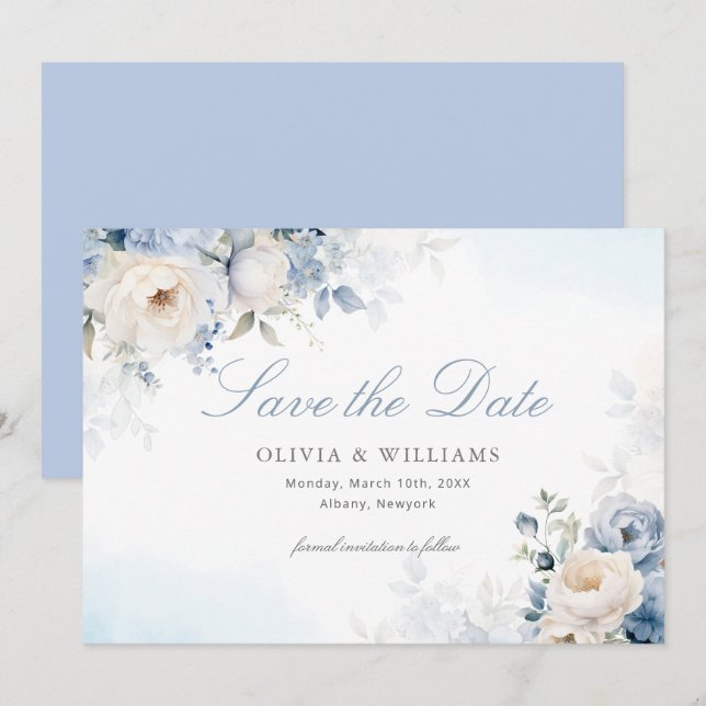 Save The Date Elégant Mariage bleu bleu bleu bleu floral (Devant / Derrière)