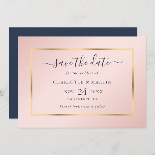 Save The Date Élégant Mariage bleu bleu or de marine moderne (Devant / Derrière)