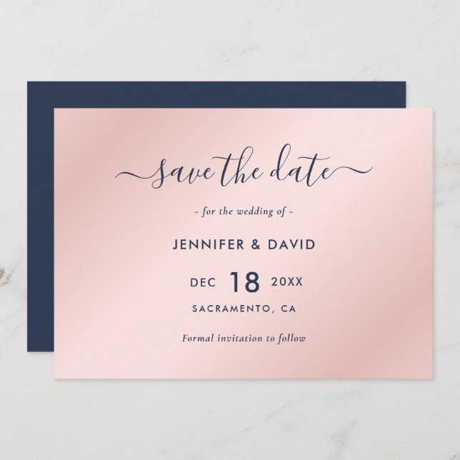 Save The Date Elégant Mariage bleu et bleu marine (Devant / Derrière)