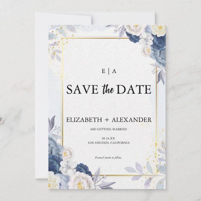 Save The Date Elégant Mariage bleu et or floral Dusty (Devant)