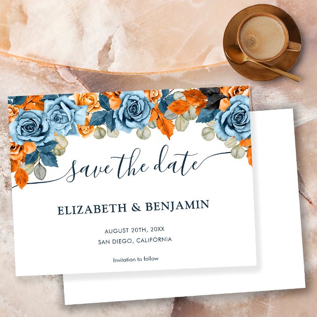 Save The Date Élégant Mariage Bleu Et Rouille De La Marine En Te (Créateur téléchargé)