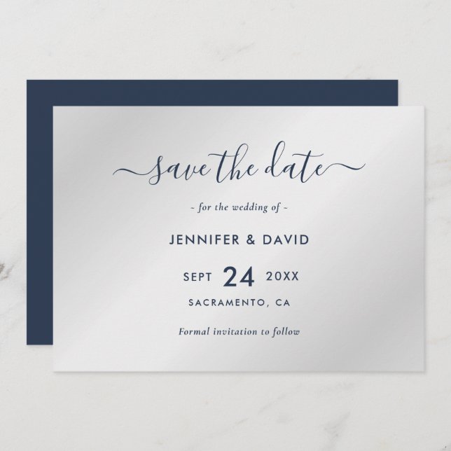 Save The Date Elégant Mariage bleu marine et argent (Devant / Derrière)