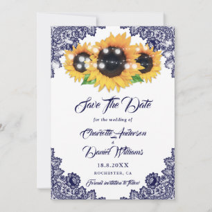 Save The Date Élégant mariage bleu marine floral dentelle tourne