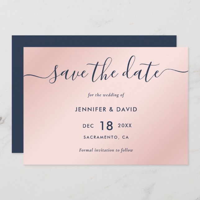 Save The Date Élégant Mariage bleu marine simple et bleu (Devant / Derrière)