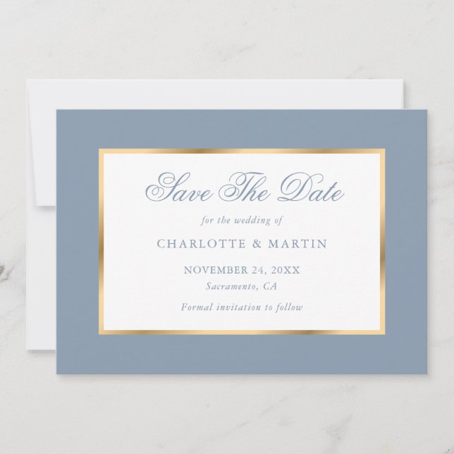 Save The Date Elégant Mariage bleu or Dusty (Devant)