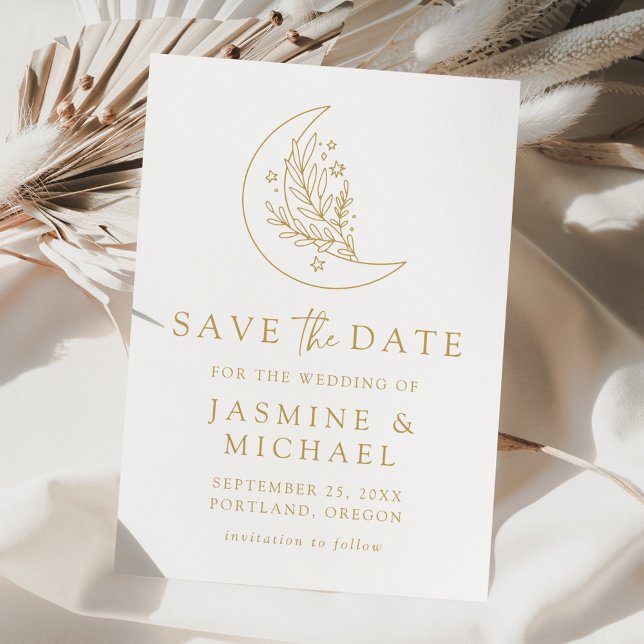 Save The Date Élégant Mariage Botanique Lune et Étoiles Or (Créateur téléchargé)