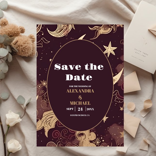 Save The Date Élégant Mariage céleste d'or de Bourgogne (Créateur téléchargé)