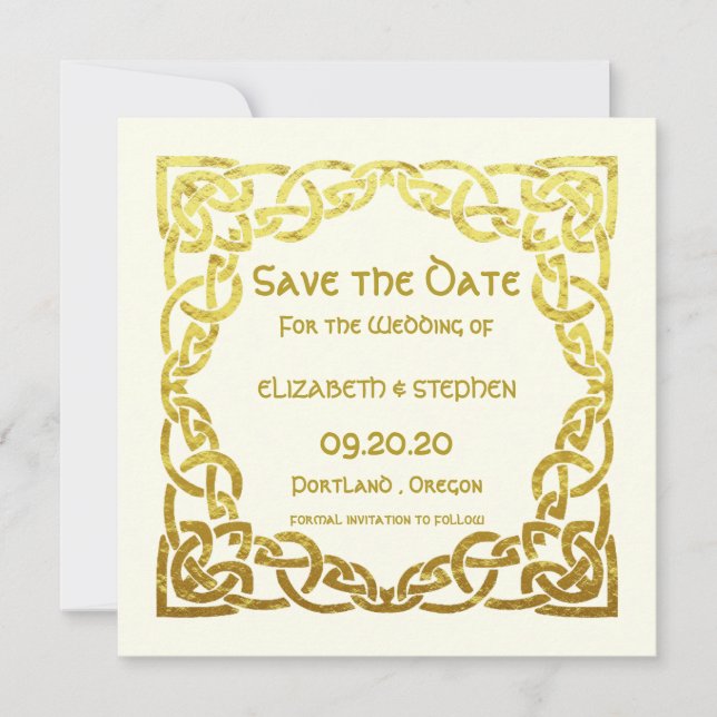 Save The Date Elégant Mariage celtique Ivory Faux Gold Celtic no (Devant)