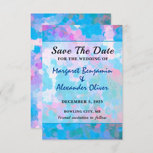 Save The Date Elégant Mariage couleur bleu rose Aquarelle (Devant / Derrière)