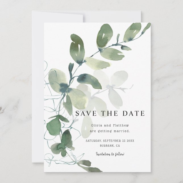 Save The Date Elégant Mariage d'aquarelle Eucalyptus (Devant)