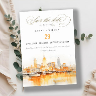 Save The Date Élégant Mariage d'aquarelle Skyline de Nashville C