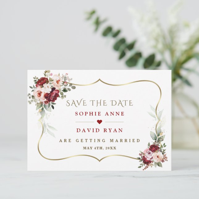 Save The Date Élégant Mariage de automne or aux fleurs bleues bo (Debout devant)