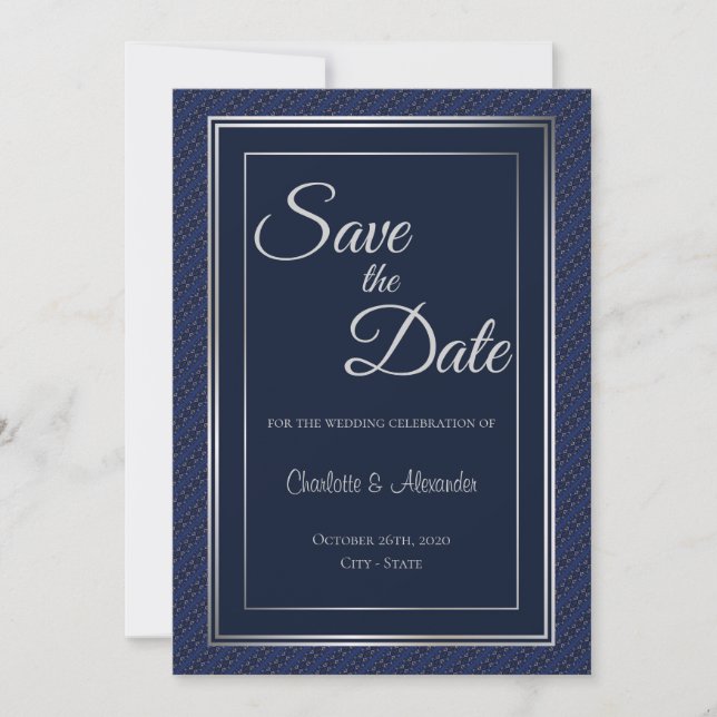 Save The Date Elégant Mariage de bordure en argent bleu foncé En (Devant)