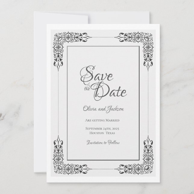 Save The Date Elégant Mariage de bordure en dentelle gris argent (Devant)