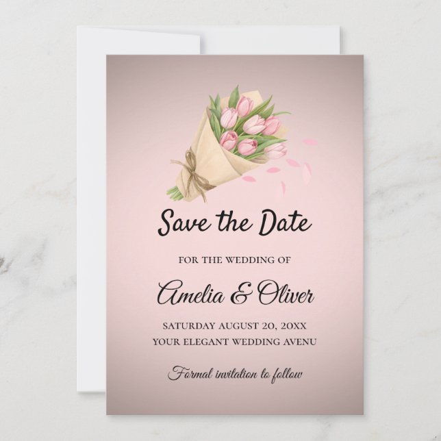 Save The Date Élégant Mariage de Bouquet Tulipes Roses (Devant)