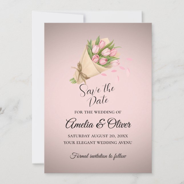 Save The Date Élégant Mariage de Bouquet Tulipes Roses (Devant)