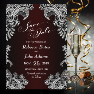 Save The Date Élégant Mariage de Bourgogne en dentelle blanche