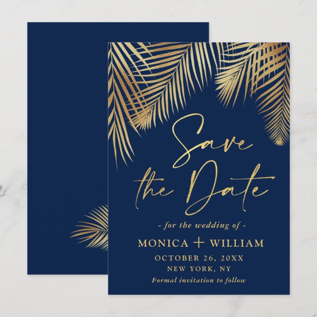 Save The Date Élégant Mariage de branches de palmier doré (Devant / Derrière)