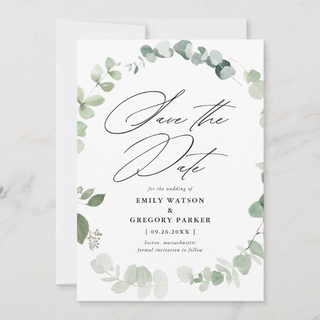 Save The Date Élégant Mariage de calligraphie Eucalyptus (Devant)