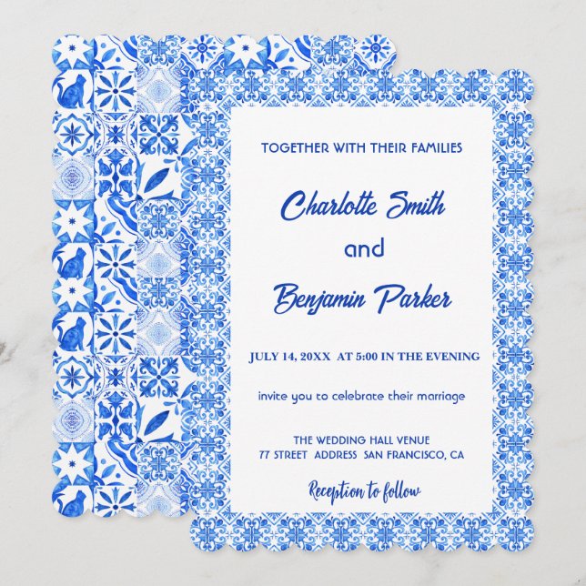 Save The Date Élégant mariage de chinoiserie Blue White Flower (Devant / Derrière)