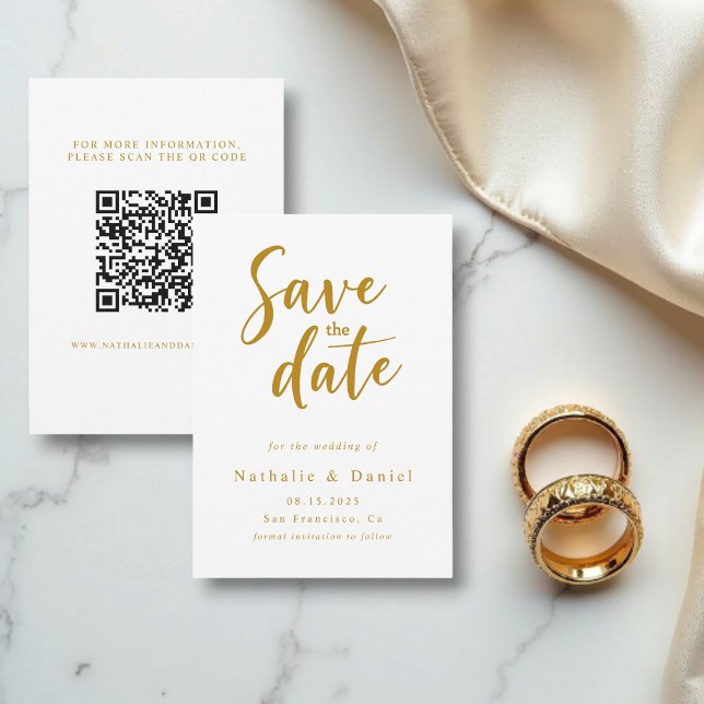 Save The Date Élégant Mariage de code QR blanc et or (Créateur téléchargé)