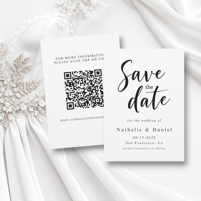 Save The Date Élégant Mariage de code QR simple noir et blanc (Créateur téléchargé)