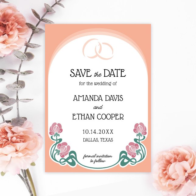 Save The Date Élégant Mariage de couleur Art Nouveau Peach (Créateur téléchargé)